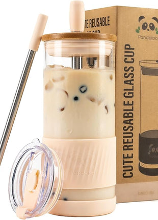 Pandaloo® Glass Cups With Lids and Straws -20 Fl Oz- Perfect Size Iced Coffee Cup - Smoothie Cup With Bamboo Lid and On the go Lid - Glass Tumbler With Straw (1 Count (Pack of 1), Vanilla Cream)