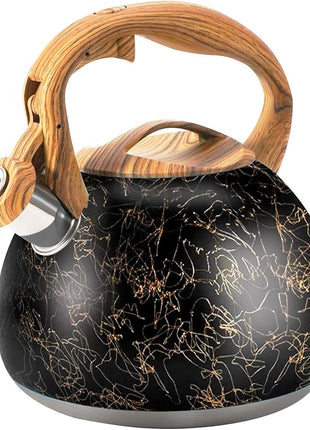 3.2Qt Whistling Tea Kettle for Stove Top, Food Grade Stainless Steel Wood Handle Teapot, Durable for Brewing Coffee, Tea, Milk, Suitable for All Heat Sources (Golden line)