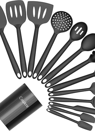 Coukre Silicone Kitchen Cooking Utensils Set with Holder – Heat-Resistant, Food-Grade Kitchen Tools, Spatula, Spoon & Gadgets for Non-Stick Pans, Dishwasher Safe (14, PureBlack)