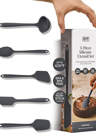 GIR: Get It Right 5 Piece Silicone Essentials Kitchen Utensils Set - Ladle, Spatula, Flip, Spoon & Spoonula - Non-Toxic Cooking Utensils for Nonstick Cookware, Cooking and Baking - Charcoal