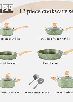 Kitchen Academy Non Toxic Pots and Pans Set Non Stick - 12 Piece Induction Cookware Sets, Green Granite Nonstick Cooking Pot and Pan Set, PFOA&PFOS Free