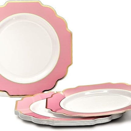" OCCASIONS " 50 Plates Pack (25 Guests)-Heavyweight Wedding Party Disposable Plastic Plate Set -(25x10.5'' Dinner + 25x8'' Salad/Dessert) (Imperial in Rose Pink & Gold)