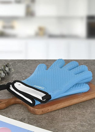 Kitchen Oven Gloves - Dual-Layer Heat Resistant Grilling Gloves, Silicone Oven Mitts with 5 Fingers, Waterproof Non-Slip Pot Holder for Barbecue, Cooking, Baking (XL-XXXL, Blue)