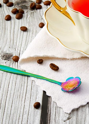 Chengu 8 Pieces Flower Coffee Tea Spoons Stainless Steel Sugar Spoons Tea Party Flower Fancy Tableware Set Stir Bar Creative Stirring Teaspoon, 8 Different Patterns(Rainbow Color)