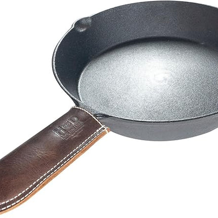 Hide & Drink, Hot Handle, Cast Iron Protector, Panhandle Potholder, Slides On/Off Easily onto Metal Skillet Grips, Full Grain Leather, Handmade (Bourbon Brown White Stitching)