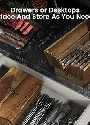 Steak Knives Set of 6 with Drawer Organizer, 4.8 Inch High Carbon Japanese Style Non Serrated Meat Knife with Wood Handle, Damascus Pattern Full Tang Design, Razor Sharp Dinner Knives