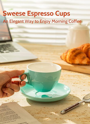 Sweese 6 Ounce Cappuccino Cups with Saucers, Porcelain Double Espresso Cups Set of 6 - Hot Assorted Colors