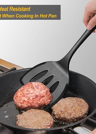 Silicone Pancake Spatula Turner with Lengthened Handle& Seamless Design, Heat Resistant Slotted Flipper for Nonstick Cookware, Large Flexible Kitchen Utensils for Egg, Pancake, Burger, Black