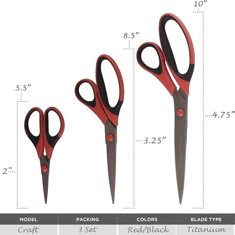 BambooMN Titanium Softgrip Scissors Set for Sewing, Arts, Crafts, Office - 3 Sets of 3 - Red w/Black Inlays