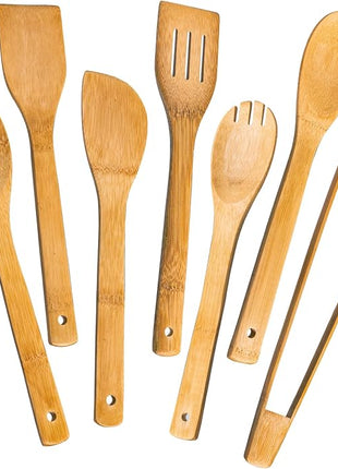 Wooden Spoons for Cooking 7-Piece, Kitchen Nonstick Bamboo Cooking Utensils Set, Carbonized Bamboo Durability Spatula Spoon for Everyday Use