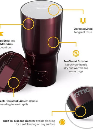 RTIC 30oz Essential Tumbler with Lid, Ceramic Lined, Insulated, Stainless Steel, Metal, Double Wall Vacuum-Insulation, Travel Cup for Iced Coffee, Tea, Hot and Cold Drink, Vintage Rose Metallic