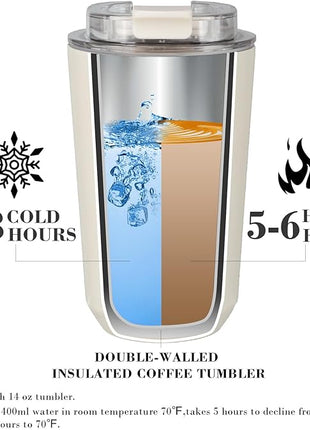 Puraville 2 Pack Insulated Tumblers with Lid, 14 oz Travel Coffee Mug Stainless Steel Vacuum Cup, Leak Proof Double Walled Coffee Tumbler for Iced and Hot Drinks, Black and Cream