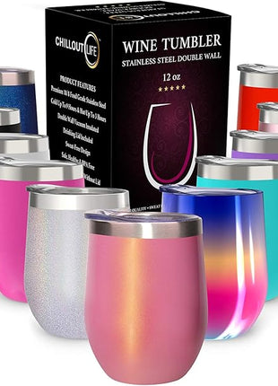 CHILLOUT LIFE 12 oz Stainless Steel Tumbler with Lid & Gift Box - Wine Tumbler Double Wall Vacuum Insulated Travel Tumbler Cup for Coffee, Wine, Cocktails, Ice Cream - PINK SPARKLE