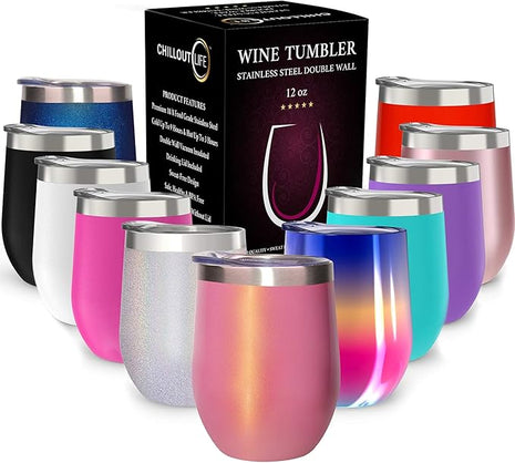 CHILLOUT LIFE 12 oz Stainless Steel Tumbler with Lid & Gift Box - Wine Tumbler Double Wall Vacuum Insulated Travel Tumbler Cup for Coffee, Wine, Cocktails, Ice Cream - PINK SPARKLE