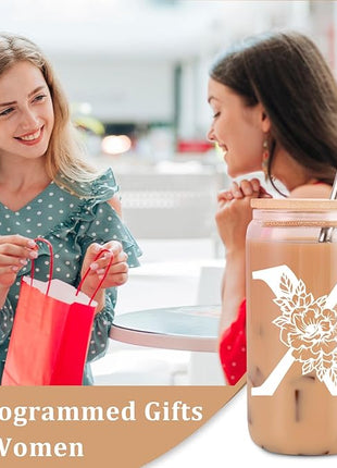 Coolife Initial Glass Cup, Monogrammed Gifts for Women, 16 oz Glass Cups w/Lids Straws, Iced Coffee Smoothie Beer Tumbler w/Straw Lid - Personalized Christmas, Birthday Gifts for Her Mom Friend Woman