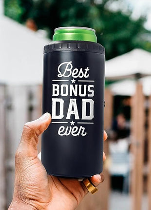 SANDJEST Bonus Dad Tumbler Gifts from Step Daughter Son - 12oz 4 in 1 Design Step Father Tumbler Cup Can Cooler - Best Bonus Dad Ever Insulated Cans Coozie Christmas, Birthday, Father's Day Gift
