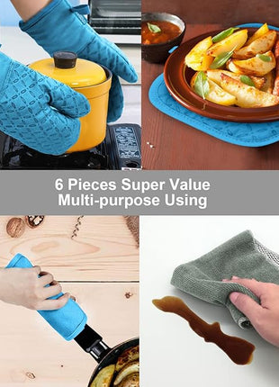 KEGOUU Oven Mitts and Pot Holders 6pcs Set, Kitchen Oven Glove High Heat Resistant 500 Degree Extra Long Oven Mitts and Potholder with Non-Slip Silicone Surface for Cooking (Sky Blue)
