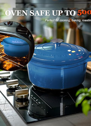Overmont Enameled Cast Iron Dutch Oven - 4.5QT Pot with Lid Cookbook & Cotton Potholders - Heavy-Duty Cookware for Braising, Stews, Roasting, Bread Baking blue