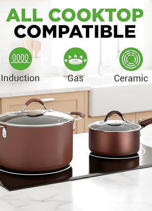 NutriChef 20 Piece Professional Home Kitchen Cookware and Bakeware, Pots and Pans Set Non Stick Kitchenware, Cool-Touch Handles, Safe for Gas, Electric, Induction Cooktops, Easy Clean, Brown