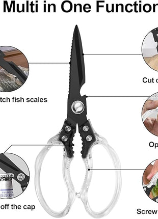 CGBE Kitchen Scissors, Multi-Purpose Kitchen Shears, Heavy Duty Dishwasher Safe Food Scissors for Chicken, Poultry, Fish, Meat & Herbs with Non-Slip Grips (Transparent Black)