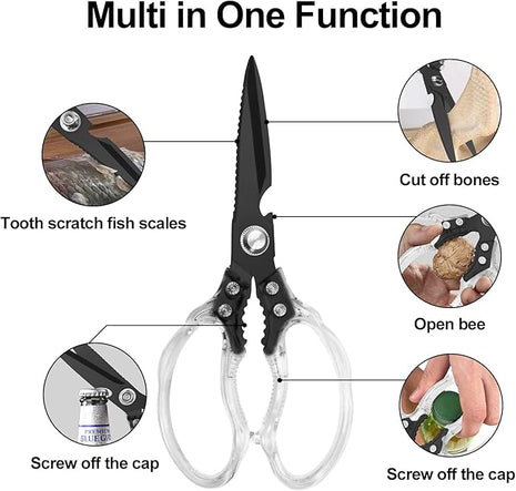 CGBE Kitchen Scissors, Multi-Purpose Kitchen Shears, Heavy Duty Dishwasher Safe Food Scissors for Chicken, Poultry, Fish, Meat & Herbs with Non-Slip Grips (Transparent Black)