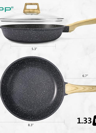 GiPP Nonstick Frying Pan Skillet with Lid - 8" Grey Granite Non Stick Pans, Omelette Pan with Heat-Resistant Handle, Compatible with All Stovetops, PFOA Free