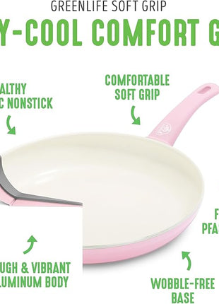 GreenLife Soft Grip Healthy Ceramic Nonstick 18 Piece Kitchen Cookware Pots and Frying Sauce Saute Pans Set, PFAS-Free with Kitchen Utensils and Lid, Dishwasher Safe, Soft Pink