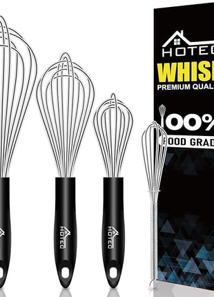 HOTEC 4 Pieces Stainless Steel Whisks Set, Wire Balloon Whisks Egg Beater, Thicken Wire &Non-slip Handle Whisk Perfect for Cooking, Stirring, Beating and Blending (Silver)