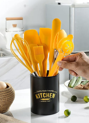 Silicone Spatula Set of 11 Kitchen Utensils with Iron Utensils Holder for Baking, Cooking, and Mixing,Cooking Spatulas Nonstick Cookware，Seamless and Flexible,Dishwasher Safe (Yellow)