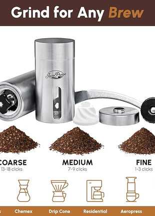 JavaPresse Manual Stainless Steel Coffee Grinder - 18 Adjustable Settings, Portable Conical Burr Grinder for Camping, Travel, Espresso - With Hand Crank