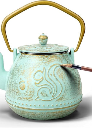 Toptier Teapot with Removable Infuser, Cast Iron Tea Kettle Stovetop Safe, Squirrel Design Tea Pot Coated with Enameled Interior for 32 Ounce (950 ml), Aqua