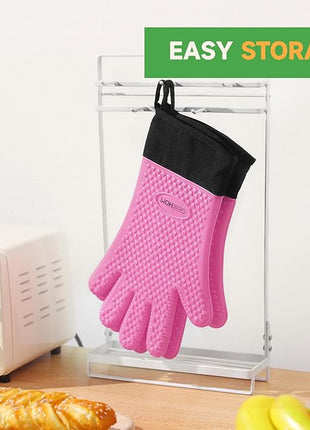 GEEKHOM BBQ Gloves Heat Resistant Oven Mitts - Silicone Grilling Gloves with 13.7" Arm Protection - Waterproof Pot Holder Non-Slip for Men & Women, Kitchen Outdoor Cooking, Baking, Camping, Pink