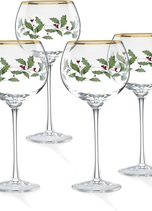 Lenox Drinkware, Holiday 4-Piece Wine Balloon Glass Set, Set Of 4, 16 Oz Capacity, Made From Glass, Festive Red Christmas Design, Hand Wash Only, Christmas Decorations, Winter Decor (4 Piece)
