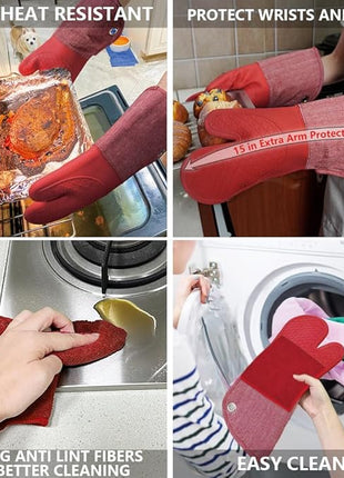 Professional Microwave Silicone Oven Mitts one Pair, Kitchen Mitten Set for Heat Resistant with 500 Degrees, Kitchen Gloves Pot Holder for BBQ Cooking Baking (Red)