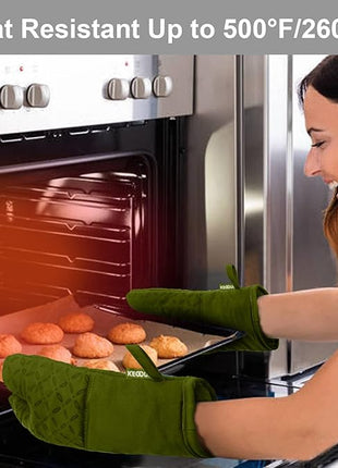 KEGOUU Oven Mitts and Pot Holders 6pcs Set, Kitchen Oven Glove High Heat Resistant 500 Degree Extra Long Oven Mitts and Potholder with Non-Slip Silicone Surface for Cooking (Olive Drab)