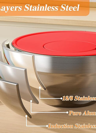 Mixing Bowls with Lids Set, 6 PCS Stainless Steel Mixing Bowls with 3 Grater Attachments, Kitchen Food Organizers Nesting Mixing Bowl, Large Size 4.5, 3.5, 2.1, 1.5, 1.1, 0.7QT-Colorful