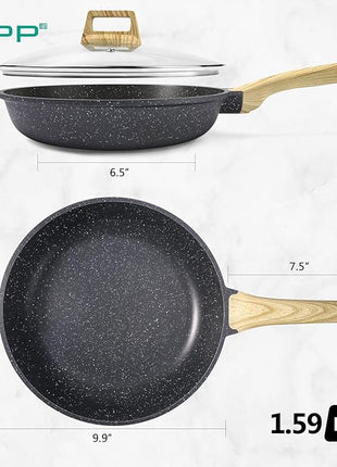 GiPP Nonstick Frying Pan Skillet with Lid - 9.5" Grey Granite Non Stick Pans, Omelette Pan with Heat-Resistant Handle, Compatible with All Stovetops, PFOA Free