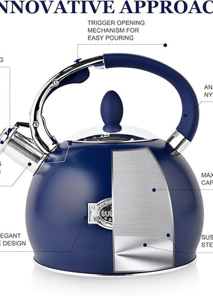 SUSTEAS Stove Top Whistling Tea Kettle - Food Grade Stainless Steel Teakettle Teapot with Cool Touch Ergonomic Handle, With 1 Silicone Pinch Mitt Included, 2.64 Quart,NAVY BLUE