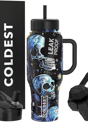 Coldest Tumbler with Handle and Straw, 100% Leak Proof Insulated Tumbler with Lid and Straw (3 Lids), Stainless Steel Tumblers for Women & Men, Cup Holder Friendly Base, 36 oz (Starry Skulls)
