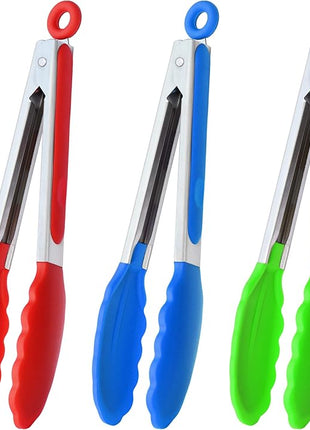 9" Silicone Kitchen Tongs with Silicon tips, Set of 3 (Red Blue Green)