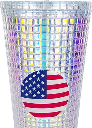 Spoontiques - Diamond Tumbler - Textured Cup with Straw - Double Wall Insulated and BPA Free - 20 oz - Americana Diamond Cup