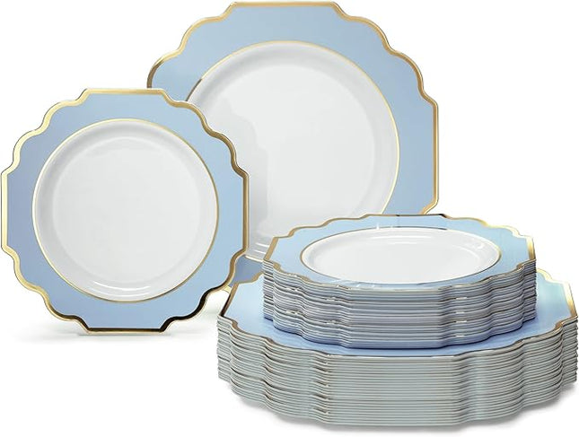 " OCCASIONS " 80 Plates Pack,(40 Guests) Heavyweight Wedding Party Disposable Plastic Plates Set -40 x 10.5'' Dinner + 40 x 8'' Salad/Dessert Plate (Imperial in White/Blue & Gold)