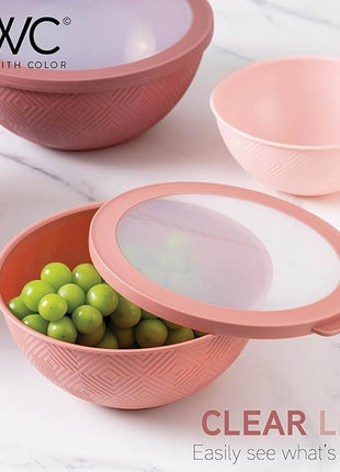 COOK WITH COLOR Mixing Bowls with Lids - 12 Piece Plastic Nesting Bowls Set includes 6 Prep Bowls and 6 Lids, Rhombus Design - Microwave Safe (Rose)