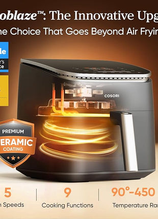 Cosori 9-in-1 TurboBlaze Air Fryer 6 Qt, Premium Ceramic Coating, 90°–450°F, Precise Heating for Even Results, Air Fry, Roast, Bake, Broil, Dry, Frozen, Proof, Reheat, Keep Warm, 120V, Dark Gray