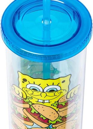 Silver Buffalo Spongebob Squarepants Smiling Krabby Patties Plastic Tall Cold Cup With Lid and Straw, 20 Ounces