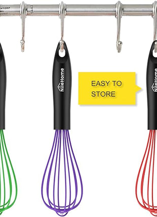 NileHome Silicone Whisk Set, 3 Pack Kitchen Whisk 10" Kitchen Wisk Wire Whisks for Cooking, Whisking, Blending, Beating, Stirring-Multicolor