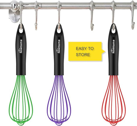 NileHome Silicone Whisk Set, 3 Pack Kitchen Whisk 10" Kitchen Wisk Wire Whisks for Cooking, Whisking, Blending, Beating, Stirring-Multicolor