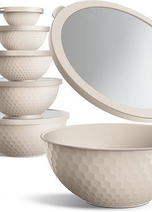 COOK WITH COLOR Mixing Bowls with Lids - 12 Piece Plastic Nesting Bowls Set includes 6 Prep Bowls and 6 Lids, Non Slip Bottom and Embossed Design - Microwave Safe (Cream)