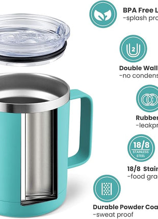 MEWAY 12oz Coffee Mug With Handle 2 Pack Bulk,Stainless Steel Insulated Travel Tumblers With Sliding Lid,Double Wall Vacuum Camping Cup for Hot & Cold Drinks Tea (Light Green,Set of 2)