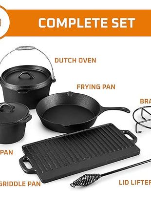 Bruntmor Camping Cooking Set of 7. Pre Seasoned Cast Iron Pots and Pans Dutch Oven with Lids for Outdoor Comefire. Grill Cookware Skillet Sets with Storage Box